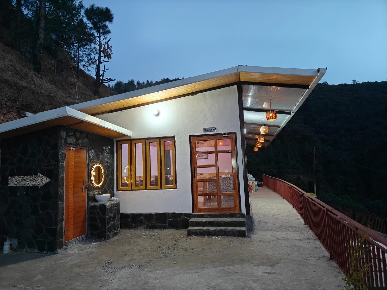 Front of an A-frame chalet at The Baan.